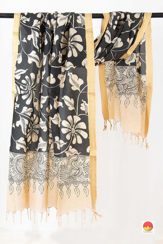 Black Floral Handpainted Kalamkari Mangalgiri Dupatta With Gold Zari Border PVD 1036 - Dupattas - Panjavarnam PVD 1036