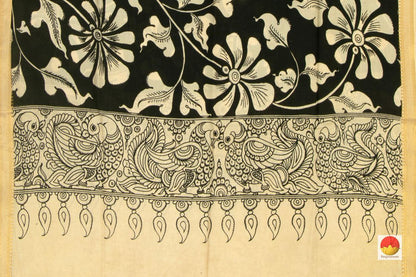 Black Floral Handpainted Kalamkari Mangalgiri Dupatta With Gold Zari Border PVD 1036 - Dupattas - Panjavarnam PVD 1036