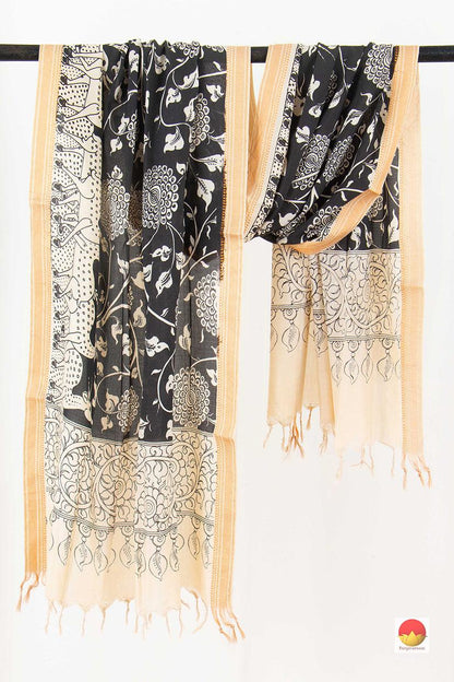 Black Handpainted Kalamkari Mangalgiri Dupatta With Deer Motif PVD 1033 - Dupattas - Panjavarnam PVD 1033