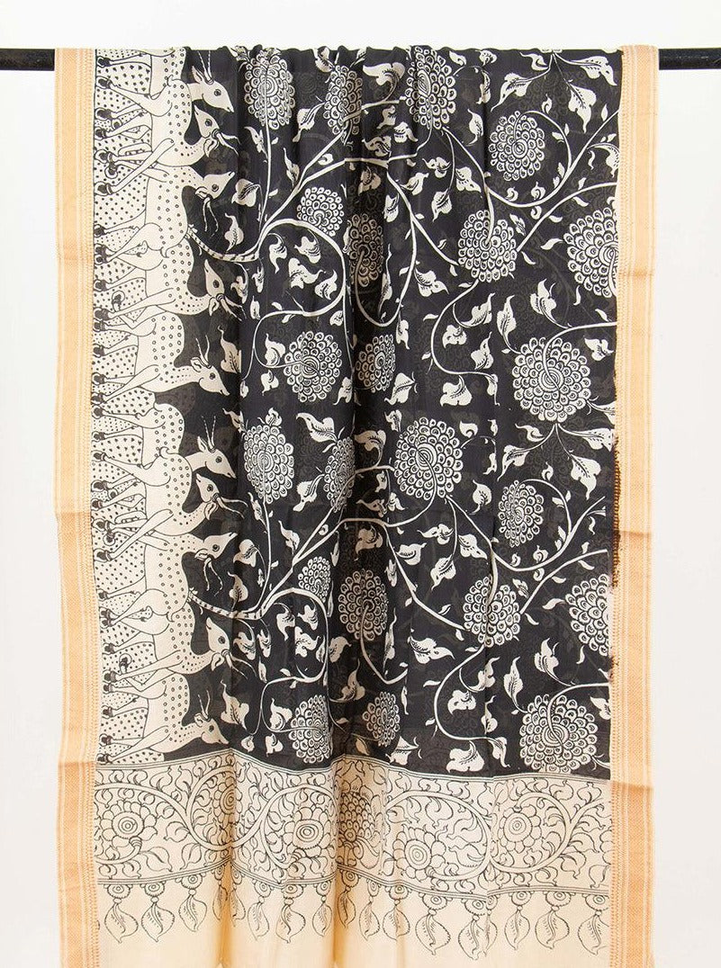 Black Handpainted Kalamkari Mangalgiri Dupatta With Deer Motif PVD 1033 - Dupattas - Panjavarnam PVD 1033