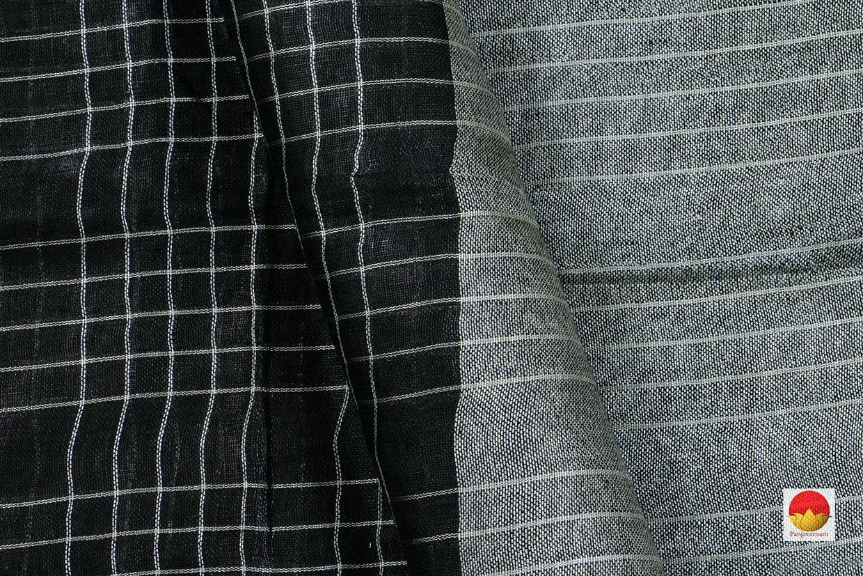 Black Pure Linen Saree With Silver Zari Border Handwoven PL 1089 - Linen Sari - Panjavarnam