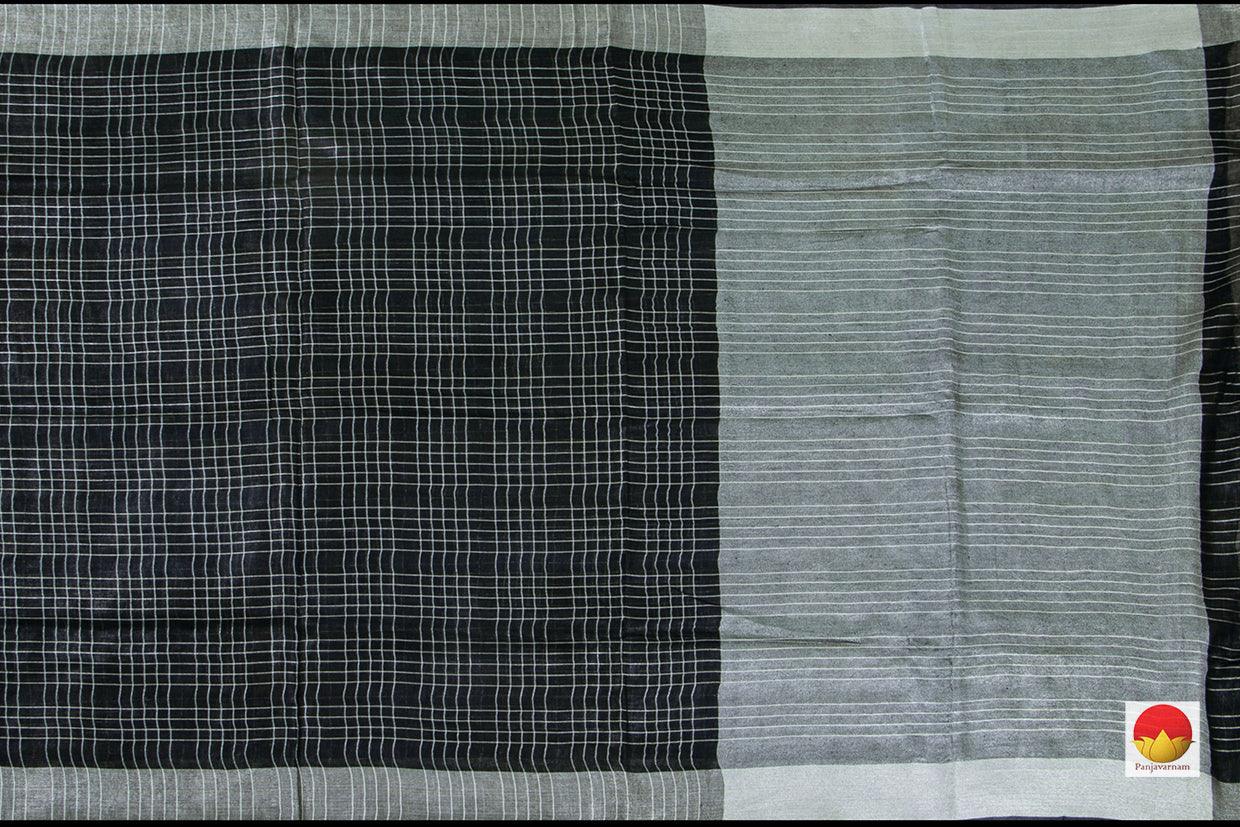 Black Pure Linen Saree With Silver Zari Border Handwoven PL 1089 - Linen Sari - Panjavarnam
