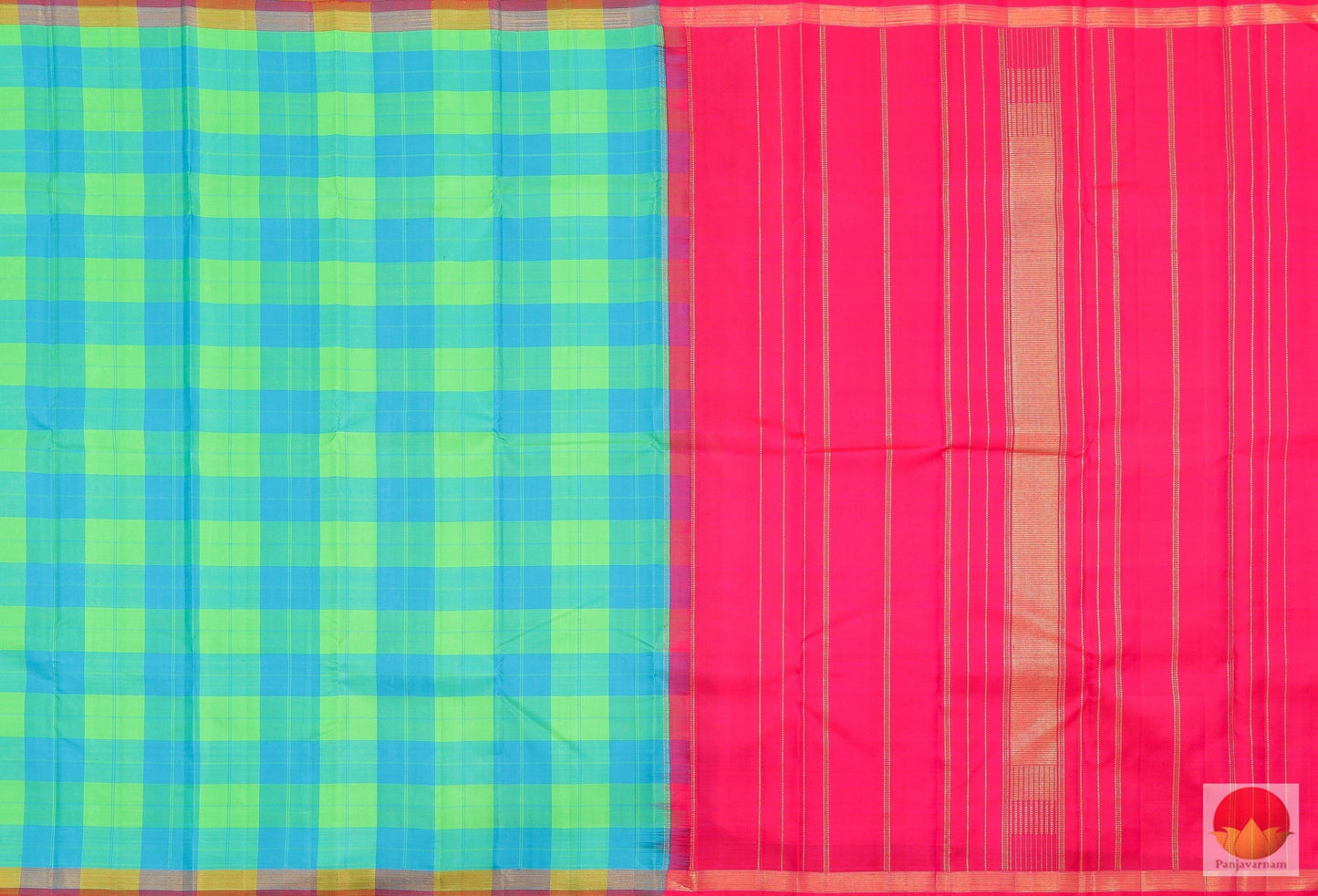 Blue & Green Checks - Handwoven Pure Silk Kanjivaram Saree - Pure Zari - PV G 2008 Archives - Silk Sari - Panjavarnam