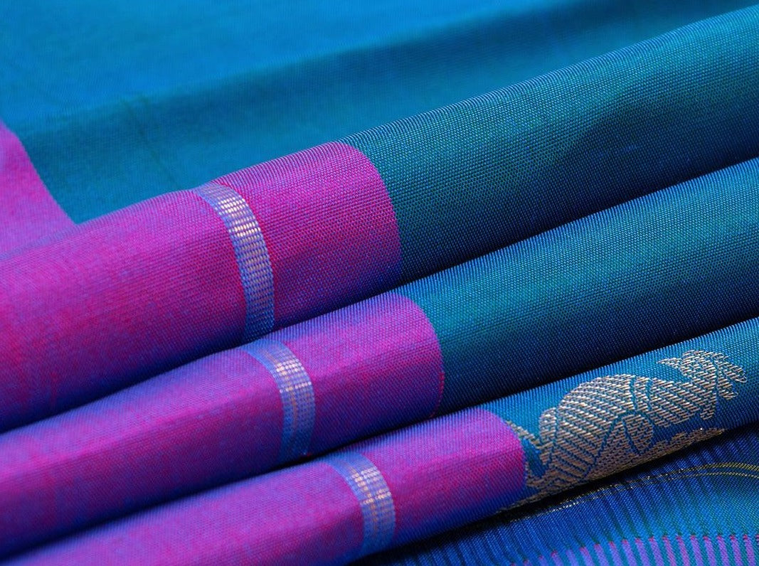 Blue And Magenta Kanchipuram Silk Saree Handwoven Pure Silk Pure Zari For Festive wear PV SAR 37 - Silk Sari - Panjavarnam PV SAR 37