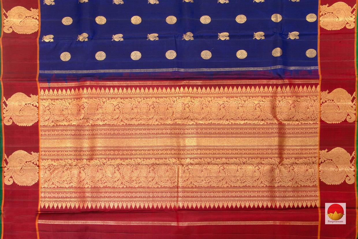 Blue And Maroon Kanchipuram Silk Saree Handwoven Pure Silk Pure Zari For Wedding Wear PV G 4293 - Silk Sari - Panjavarnam