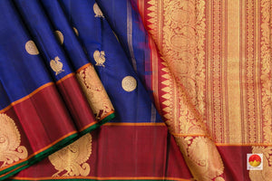 Blue And Maroon Kanchipuram Silk Saree Handwoven Pure Silk Pure Zari For Wedding Wear PV G 4293 - Silk Sari - Panjavarnam PV G 4293