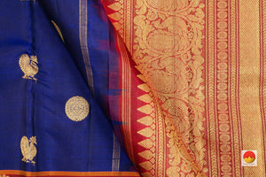 Blue And Maroon Kanchipuram Silk Saree Handwoven Pure Silk Pure Zari For Wedding Wear PV G 4293 - Silk Sari - Panjavarnam PV G 4293