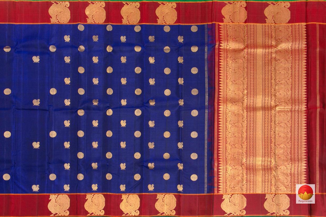 Blue And Maroon Kanchipuram Silk Saree Handwoven Pure Silk Pure Zari For Wedding Wear PV G 4293 - Silk Sari - Panjavarnam PV G 4293