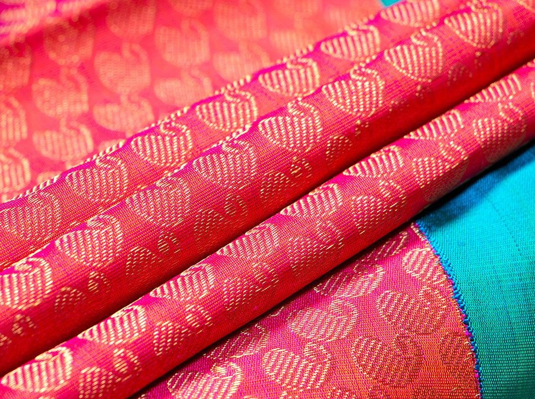 Blue And Pink Kanchipuram Half And Half Silk Saree Handwoven Pure Silk Pure Zari For Wedding Wear PV NYC 316 - Silk Sari - Panjavarnam PV NYC 316