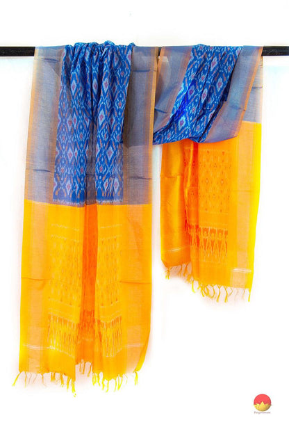 Blue And Yellow Pochampally Ikkat Silk Dupatta PVD 1036 - Dupattas - Panjavarnam PVD 1036