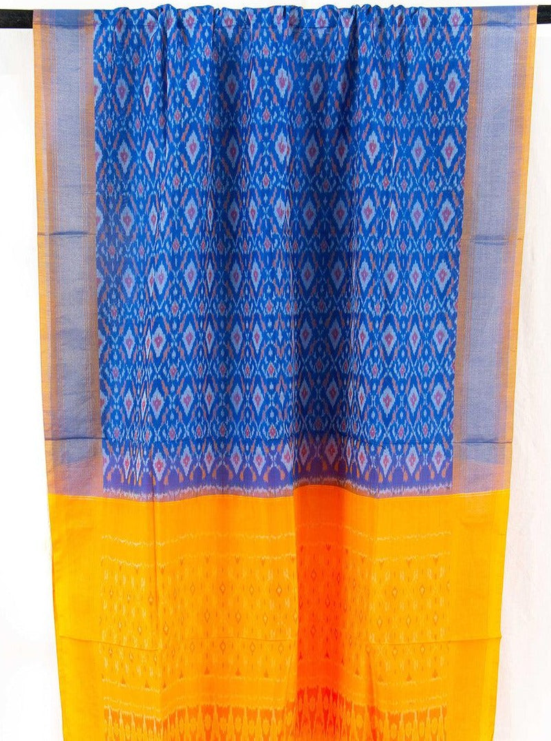 Blue And Yellow Pochampally Ikkat Silk Dupatta PVD 1036 - Dupattas - Panjavarnam PVD 1036