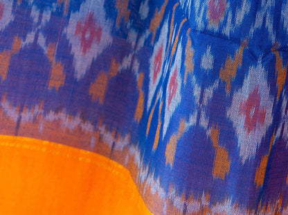 Blue And Yellow Pochampally Ikkat Silk Dupatta PVD 1036 - Dupattas - Panjavarnam PVD 1036