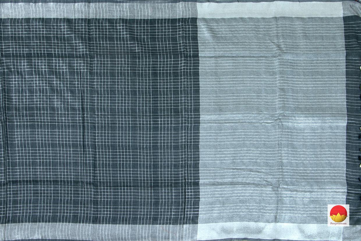 Blue Black Pure Linen Saree With Silver Zari Border For Office Wear PL 1087 - Linen Sari - Panjavarnam
