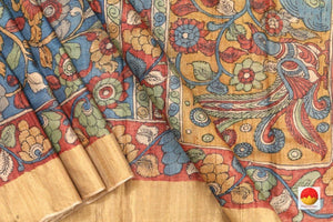 Blue Kalamkari Tussar Silk Saree Handpainted Organic Dyes PKM 361 - Kalamkari Silk - Panjavarnam