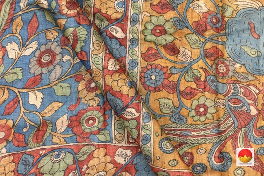 Blue Kalamkari Tussar Silk Saree Handpainted Organic Dyes PKM 361 - Kalamkari Silk - Panjavarnam 