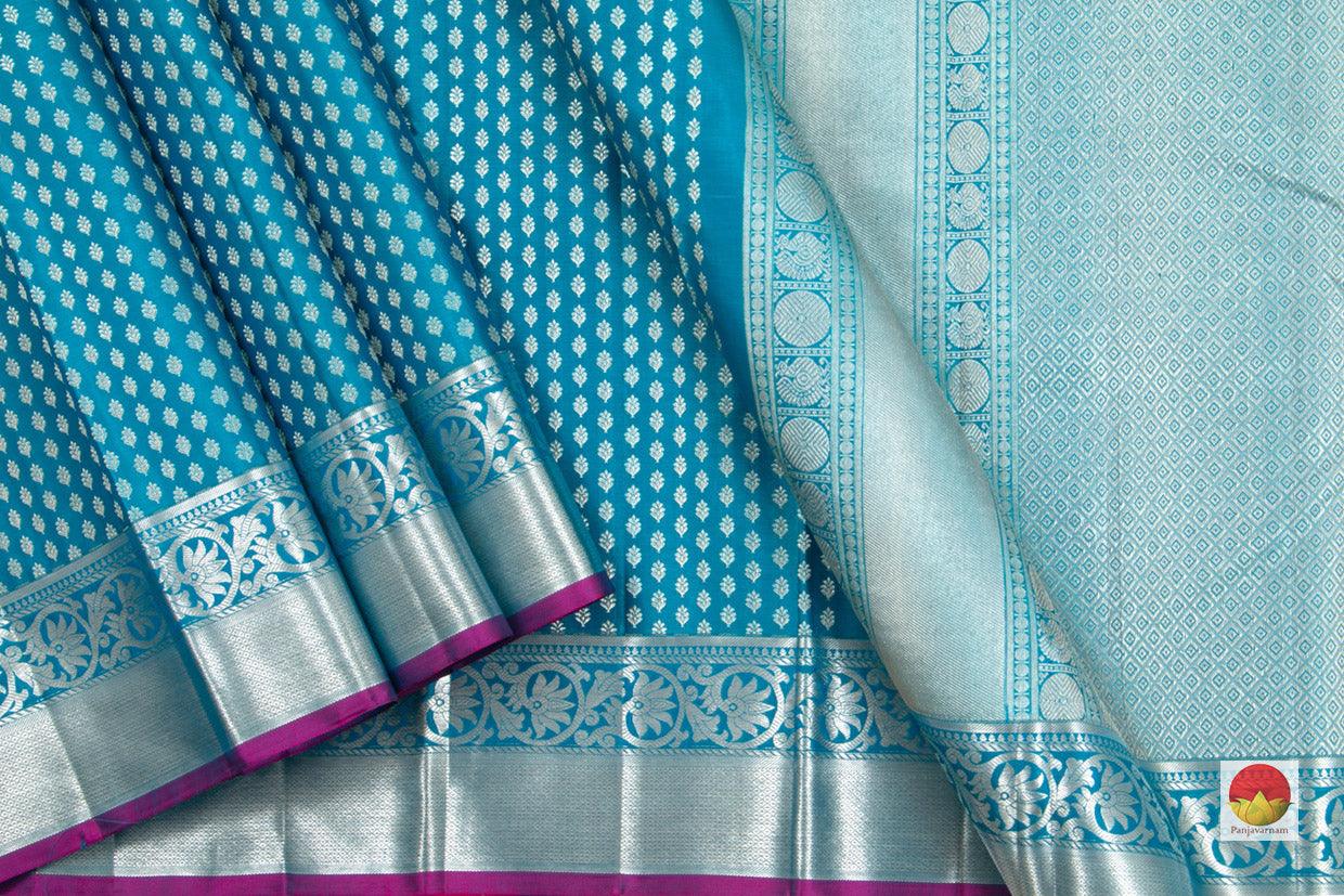 Blue Kanchipuram Silk Saree With Silver Zari Kamalam Motifs Handwoven Pure Silk Pure Zari For Festive Wear PV NYC 24 - Silk Sari - Panjavarnam PV NYC 24