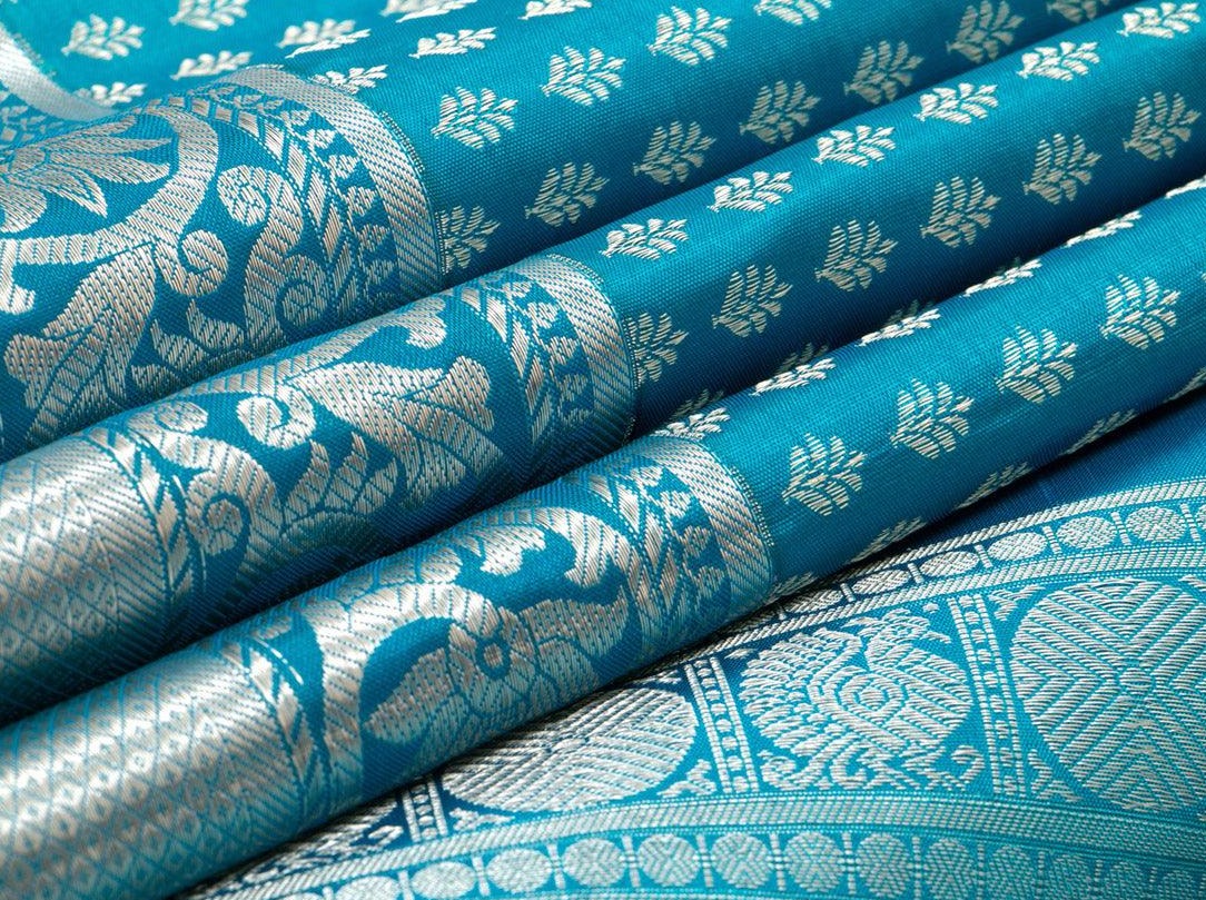 Blue Kanchipuram Silk Saree With Silver Zari Kamalam Motifs Handwoven Pure Silk Pure Zari For Festive Wear PV NYC 24 - Silk Sari - Panjavarnam PV NYC 24