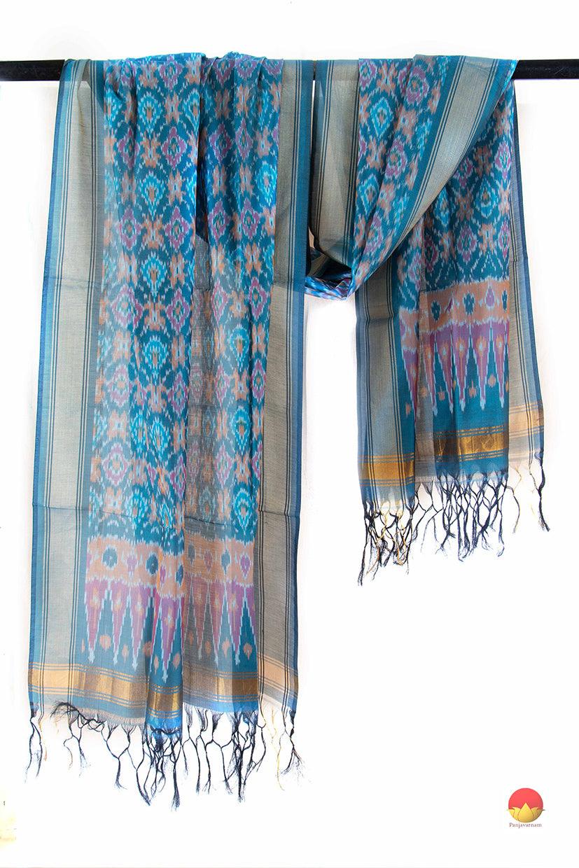 Blue Pochampally Ikkat Silk Dupatta With Zari Border PVD 1041 - Dupattas - Panjavarnam PVD 1041