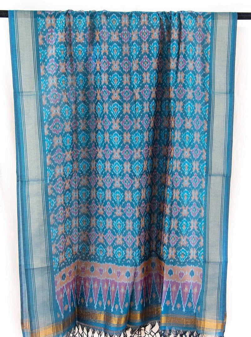 Blue Pochampally Ikkat Silk Dupatta With Zari Border PVD 1041 - Dupattas - Panjavarnam PVD 1041