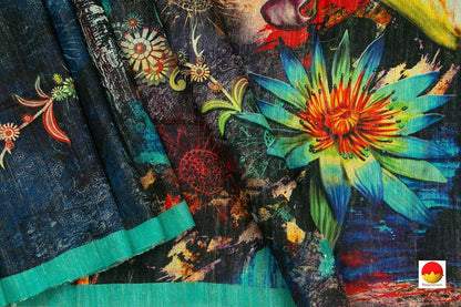 Blue Tussar Silk Saree With Digital Print Handwoven Pure Silk PT 645 - Tussar Silk - Panjavarnam 