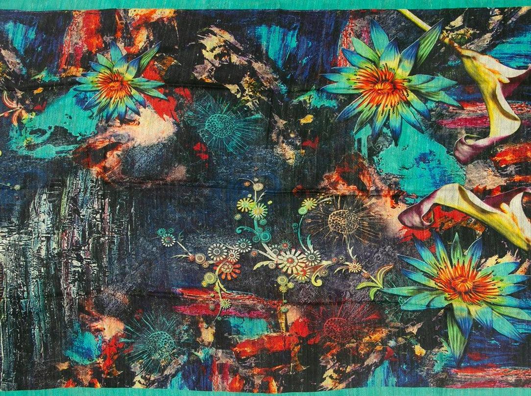Blue Tussar Silk Saree With Digital Print Handwoven Pure Silk PT 645 - Tussar Silk - Panjavarnam 