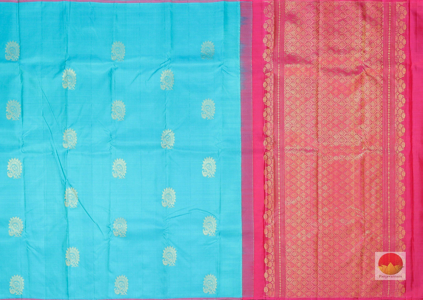 Borderless Ananda Blue and Red Handwoven Pure Silk Saree - Pure Zari - PV L8 Archives - Silk Sari - Panjavarnam