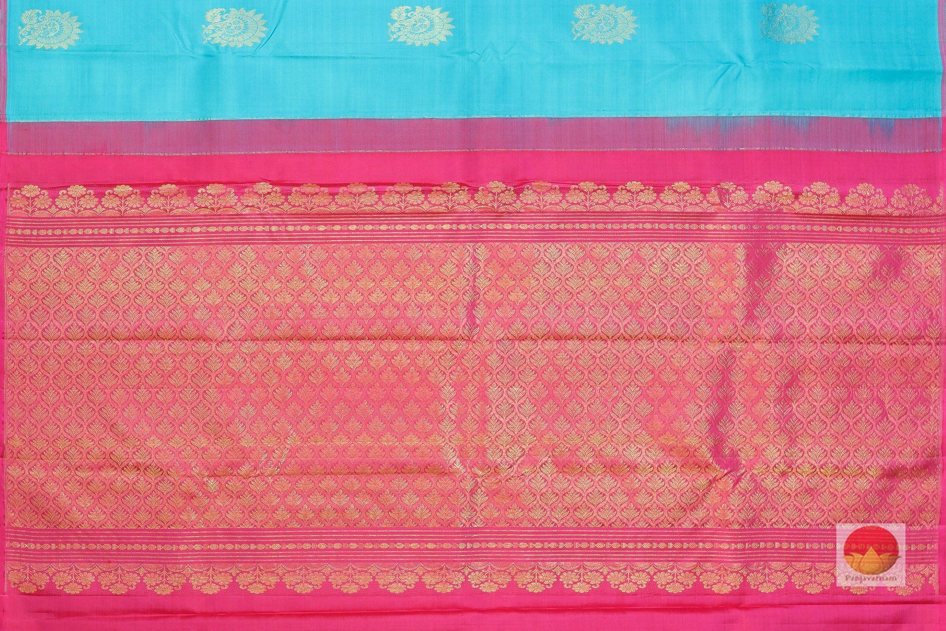 Borderless Ananda Blue and Red Handwoven Pure Silk Saree - Pure Zari - PV L8 Archives - Silk Sari - Panjavarnam