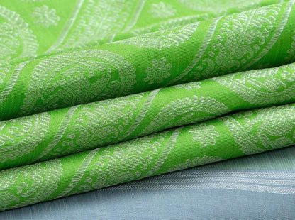Borderless Green Kanchipuram Silk Saree Handwoven Pure Silk Pure Zari For Wedding Wear PV NYC 539 - Silk Sari - Panjavarnam PV NYC 539