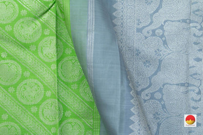 Borderless Green Kanchipuram Silk Saree Handwoven Pure Silk Pure Zari For Wedding Wear PV NYC 539 - Silk Sari - Panjavarnam PV NYC 539