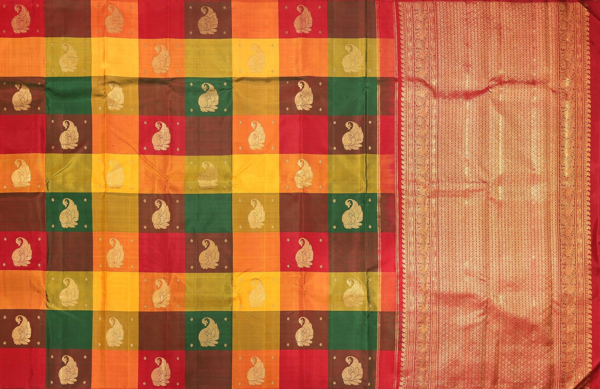Borderless Multicolour Checks Handwoven Pure Silk Kanjivaram Saree - Pure Zari - PA 185 Archives - Silk Sari - Panjavarnam