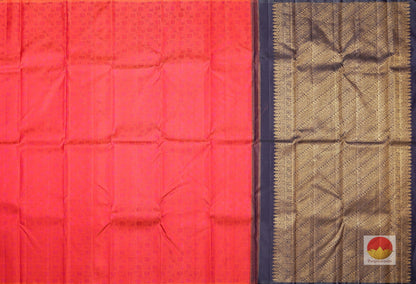 Borderless Tomato Red and Blue Kanjivaram Pure Silk Saree - Pure Zari - PV J7526 Archives - Silk Sari - Panjavarnam
