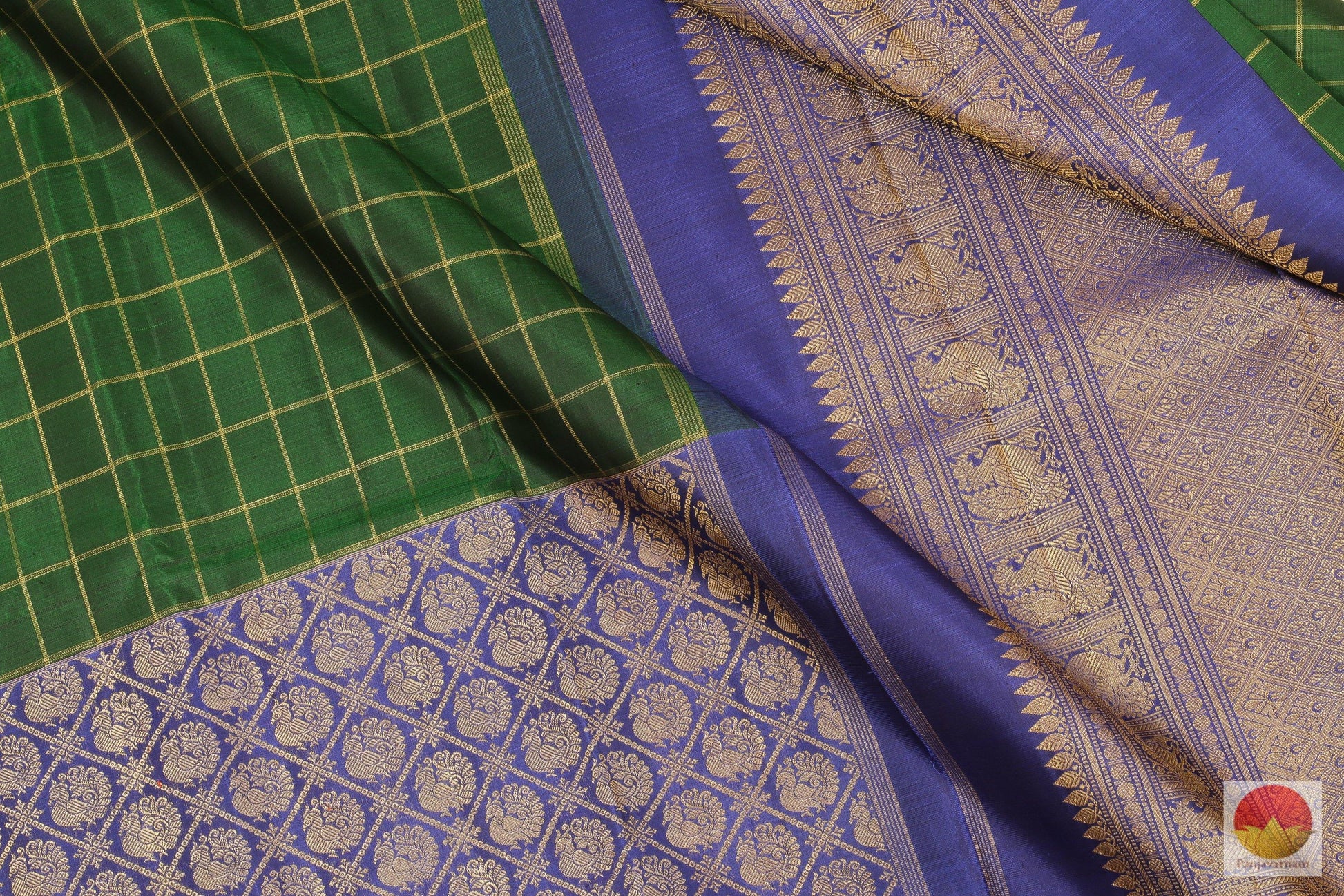 Bottle Green & Blue - Handwoven Pure Silk Kanjivaram Saree - Pure Zari - PV G 1974 Archives - Silk Sari - Panjavarnam