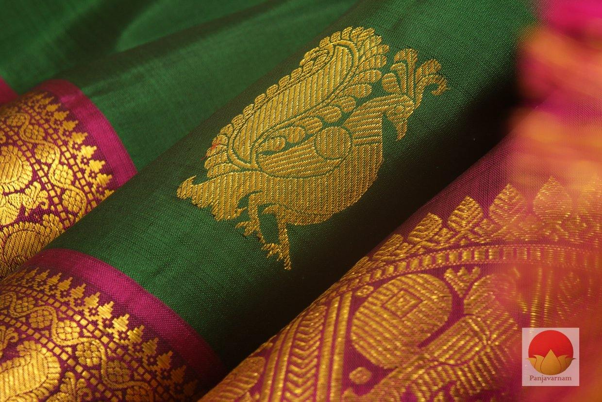 Bottle Green & Magenta - Kanchipuram Silk Saree - Handwoven Pure Silk - Pure Zari - PV J 1021 - Archives - Silk Sari - Panjavarnam