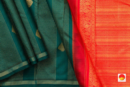 Bottle Green And Orange Borderless Kanchipuram Silk Saree Handwoven Pure Silk Pure Zari PV NYC 507 - Silk Sari - Panjavarnam