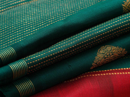 Bottle Green And Orange Borderless Kanchipuram Silk Saree Handwoven Pure Silk Pure Zari PV NYC 507 - Silk Sari - Panjavarnam