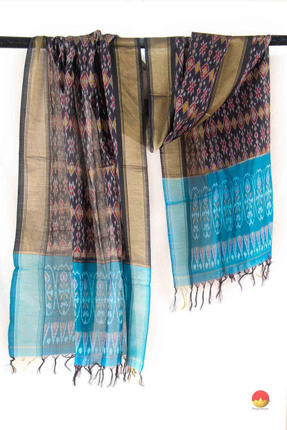 Brown And Blue Pochampally Ikkat Silk Dupatta PVD 1013 - Dupattas - Panjavarnam PVD 1013