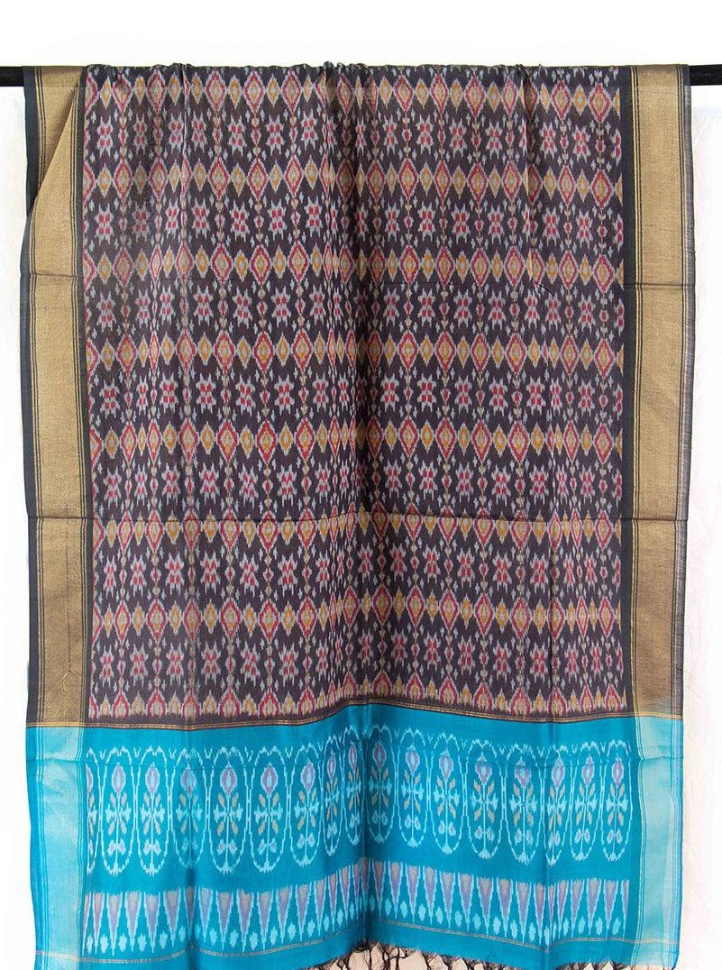 Brown And Blue Pochampally Ikkat Silk Dupatta PVD 1013 - Dupattas - Panjavarnam PVD 1013