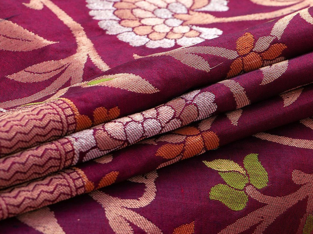 Burgundy Tanchoi Banarasi Silk Saree Handwoven Pure Silk PB SN 105 - Banarasi Silk - Panjavarnam PB SN 105