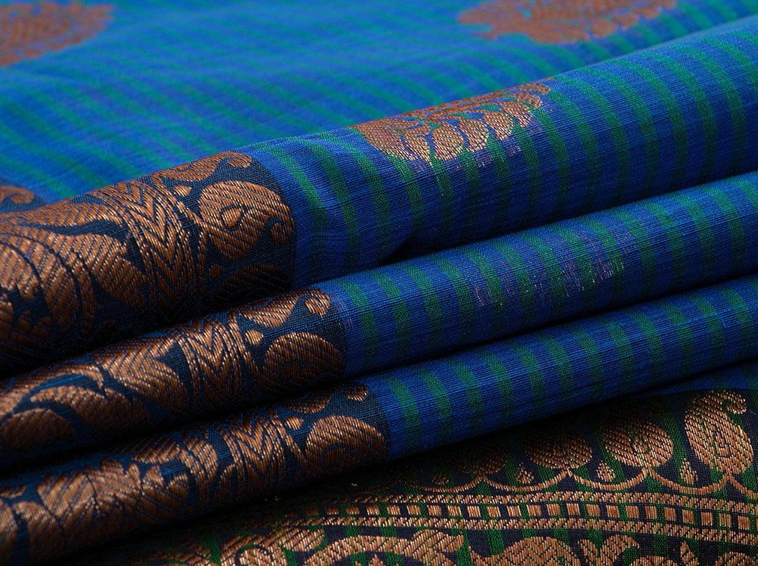 Cobalt Blue Banarasi Silk Cotton Saree With Antique And Brocade Blouse Handwoven For Festive Wear PSC 1235 - Silk Cotton - Panjavarnam