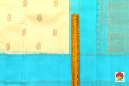 Cream & Cyan Kanchipuram Silk Saree Handwoven Pure Silk Pure Zari For Festive Wear PV G 4273 - Silk Sari - Panjavarnam