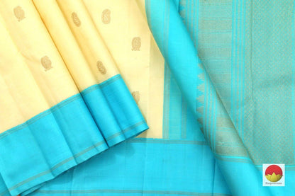 Cream & Cyan Kanchipuram Silk Saree Handwoven Pure Silk Pure Zari For Festive Wear PV G 4273 - Silk Sari - Panjavarnam PV G 4273