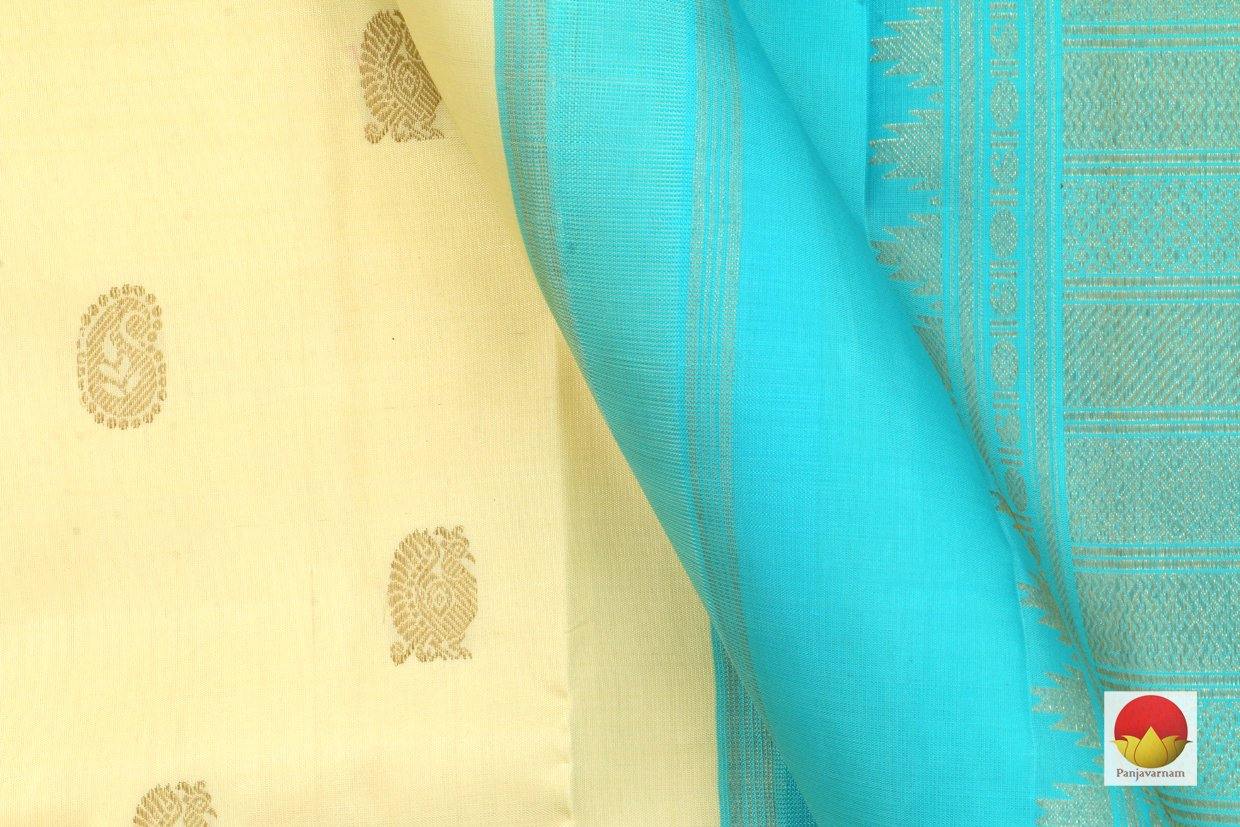 Cream & Cyan Kanchipuram Silk Saree Handwoven Pure Silk Pure Zari For Festive Wear PV G 4273 - Silk Sari - Panjavarnam PV G 4273