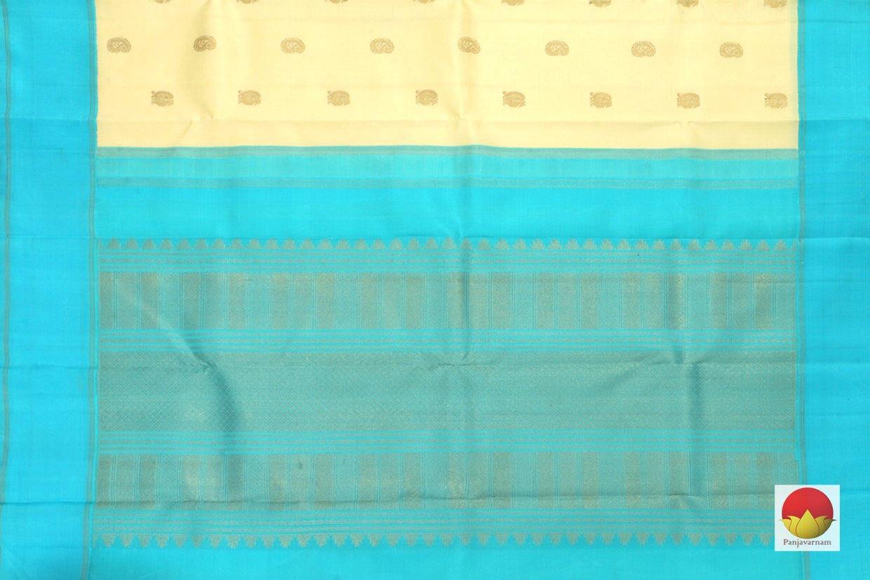 Cream & Cyan Kanchipuram Silk Saree Handwoven Pure Silk Pure Zari For Festive Wear PV G 4273 - Silk Sari - Panjavarnam PV G 4273