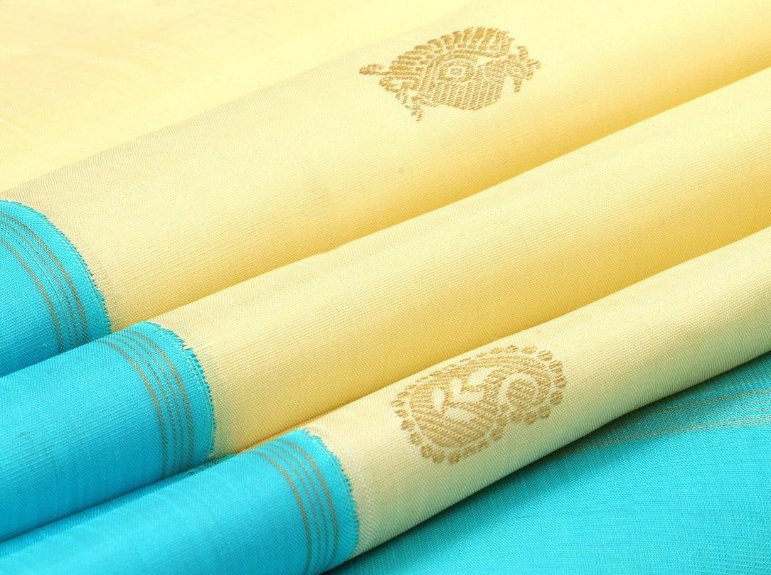 Cream & Cyan Kanchipuram Silk Saree Handwoven Pure Silk Pure Zari For Festive Wear PV G 4273 - Silk Sari - Panjavarnam PV G 4273