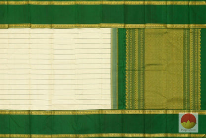 Cream & Green - Kanchipuram Handwoven Silk Saree - Pure Zari - Veldhari Stripes - PV J 1672 Archives - - Panjavarnam