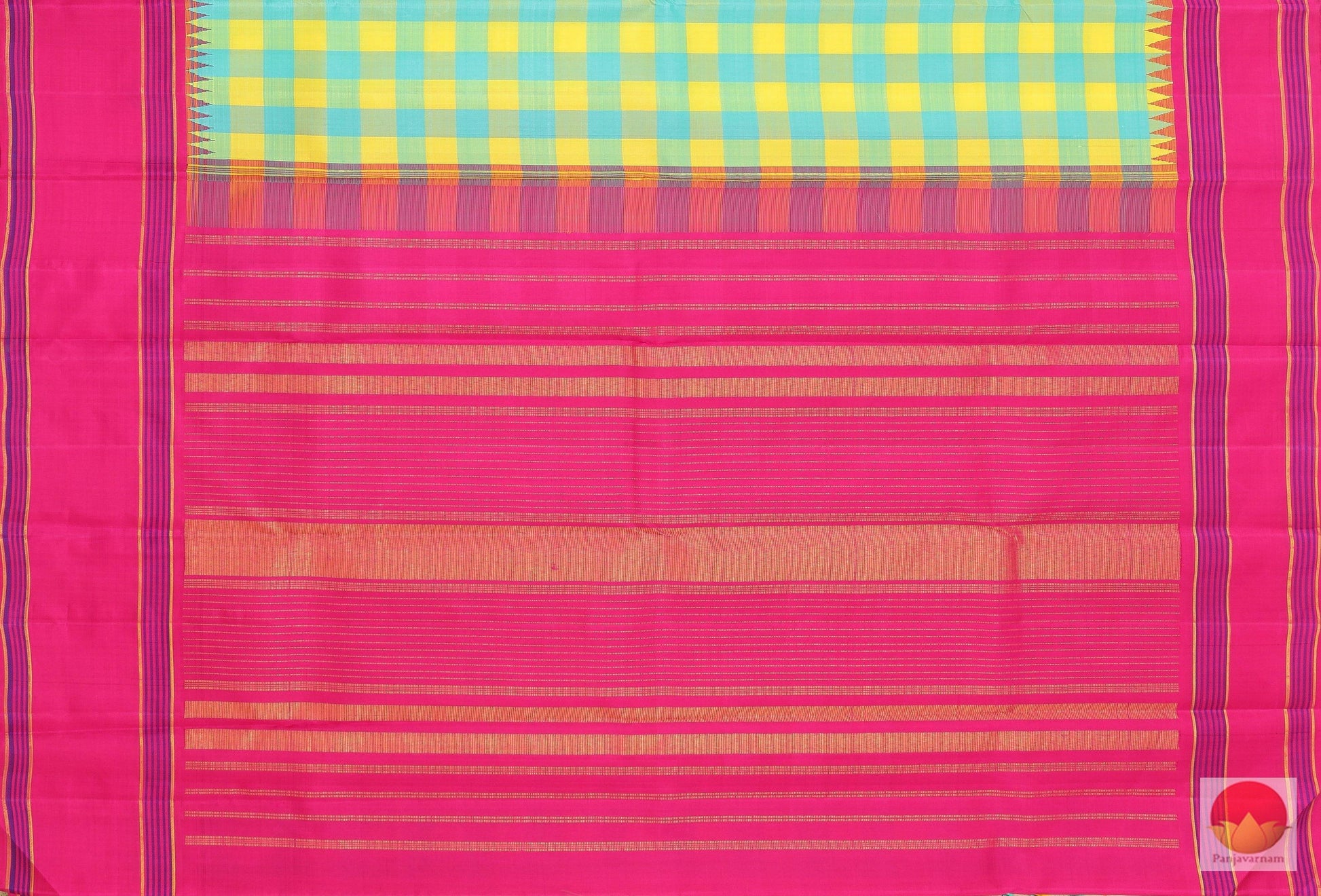 Cyan & Yellow Checks - Temple Border - Handwoven Pure Silk Kanjivaram Saree - Pure Zari - PV G 1942 - Archives - Silk Sari - Panjavarnam