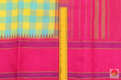 Cyan & Yellow Checks - Temple Border - Handwoven Pure Silk Kanjivaram Saree - Pure Zari - PV G 1942 - Archives - Silk Sari - Panjavarnam