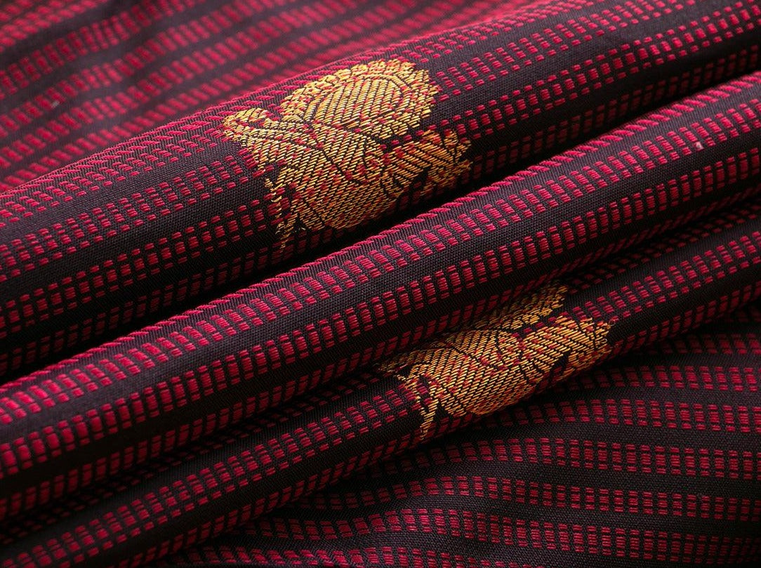 Dark Purple Kanchipuram Silk Saree With Magenta Silk Thread Work Handwoven Pure Silk Pure Zari For Wedding Wear PV NYC 516 - Silk Sari - Panjavarnam