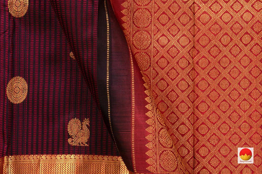 Dark Purple Kanchipuram Silk Saree With Magenta Silk Thread Work Handwoven Pure Silk Pure Zari For Wedding Wear PV NYC 516 - Silk Sari - Panjavarnam PV NYC 516