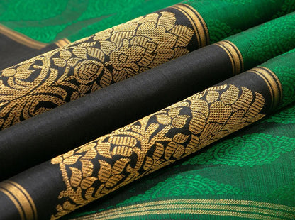 Green And Black Kanchipuram Silk Saree Handwoven Pure Silk Pure Zari For Festive Wear PV G 4307 - Silk Sari - Panjavarnam